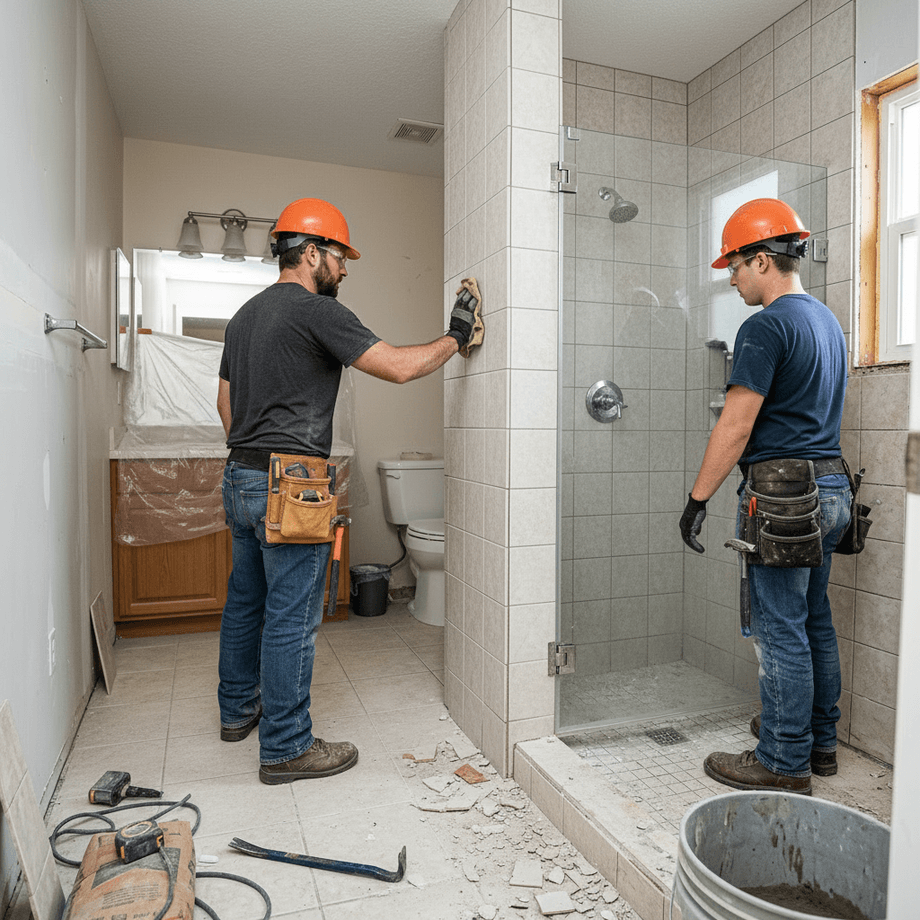 Contractors installing a new walk-in shower